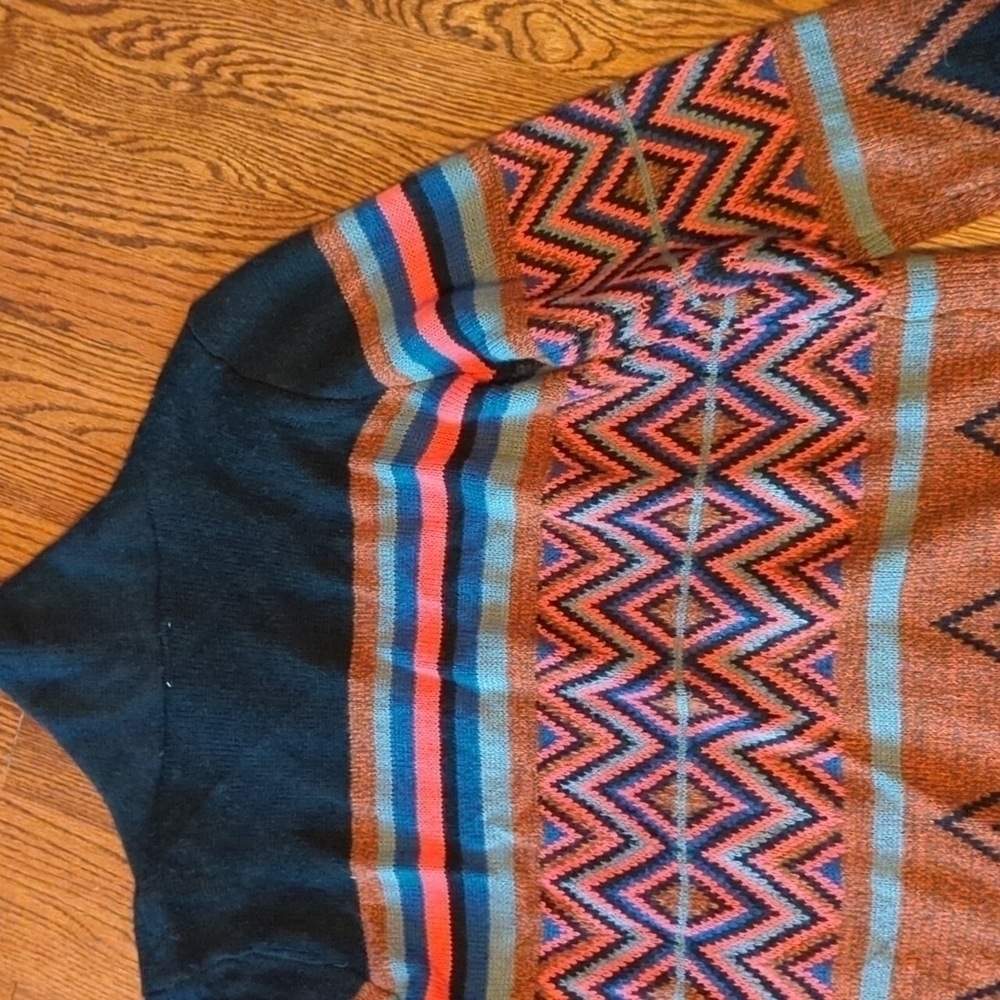 colorful tribal knit fringe Bohemian Festival long open duster/cardigan sz M - Picture 8 of 14